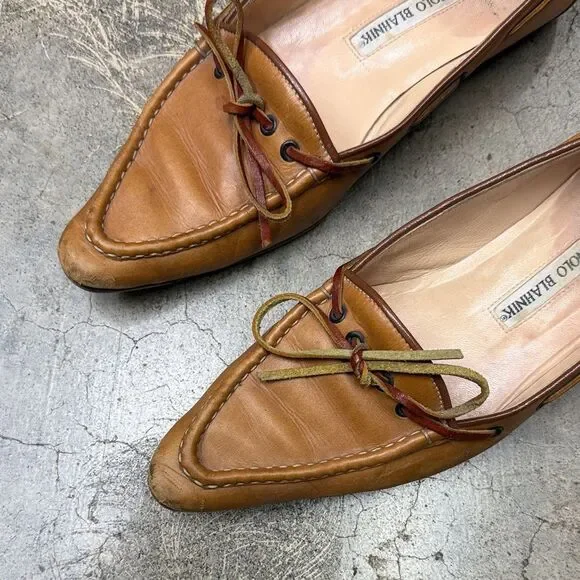 *vintage Manolo Blahnik tan brown leather flat loafers - Picture 3 of 6